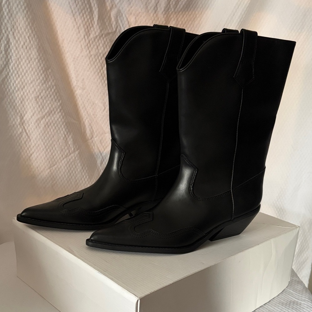 BNIB Abound size 9m Black faux Leather Cowgirl Boots pointed toe small heel - Picture 1 of 10